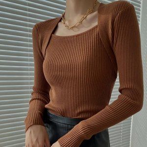 Square-neck Bottoming Slim Sweater, Casual Long Sleeve Loose Slim Fit Fall Winte